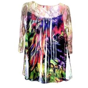 PRETTY WOMAN L Colorful Lace & Satin Pleated Long Flowy Swing Tunic Duster Top